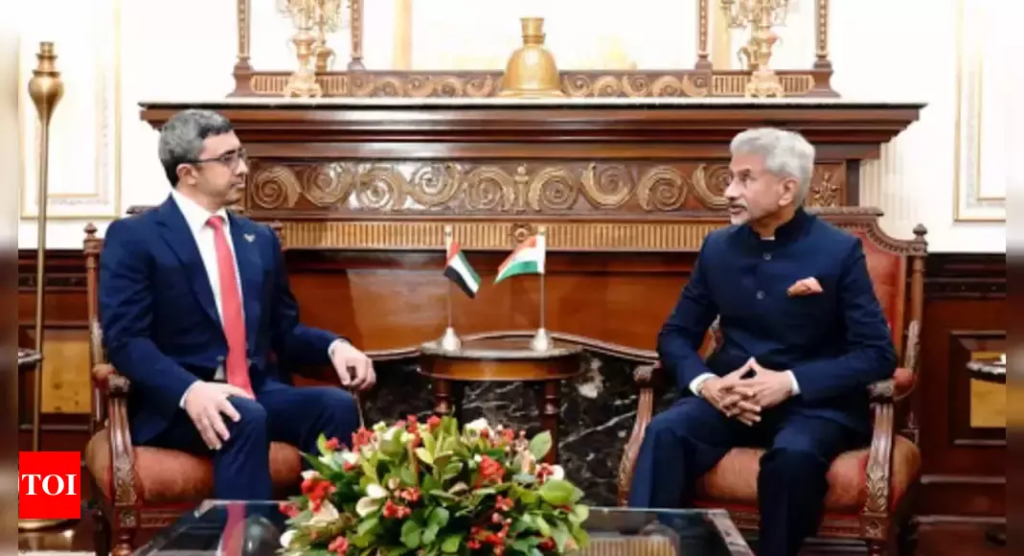 Le ministre des Affaires étrangères Cheikh Abdallah ben Zayed et  son homologue indien, le Dr Subrahmanyam Jaishankar, à Hyderabad House à New Delhi discutent affaires.